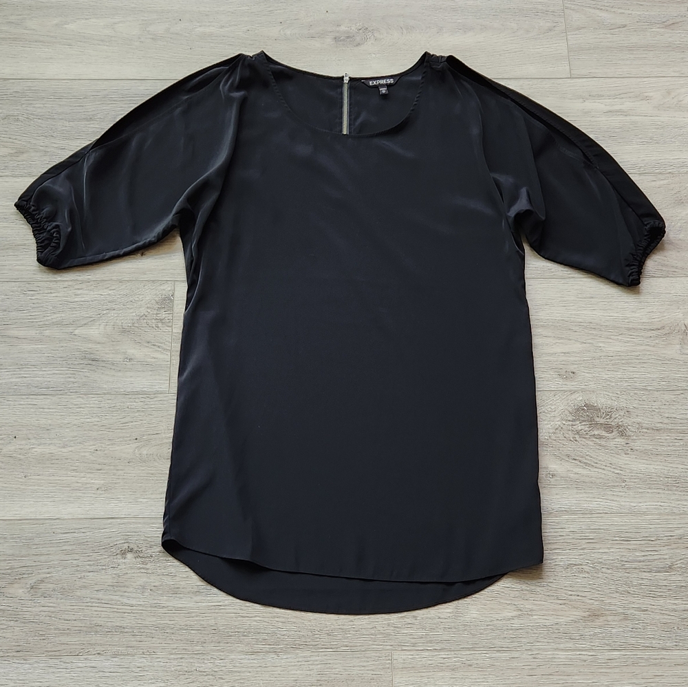 Express Black Dress Womens Xs Cold Shoulder Loose Fit ¾ Sleeves Zipper